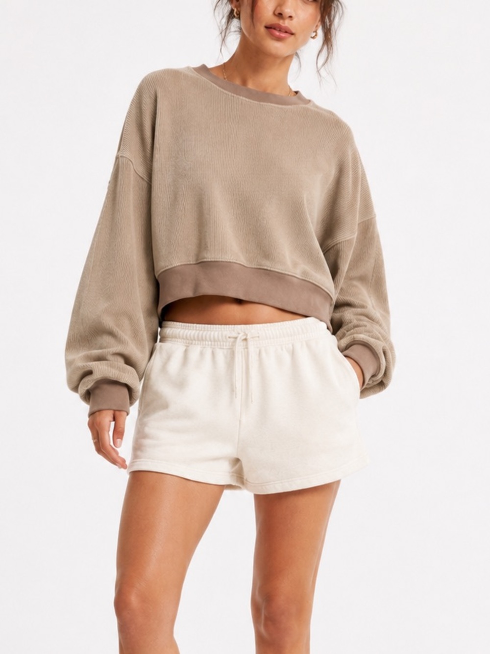 Abercrombie YPB Suede Rib Cropped Crewneck Sweatshirt XL Taupe Beige Oversized
